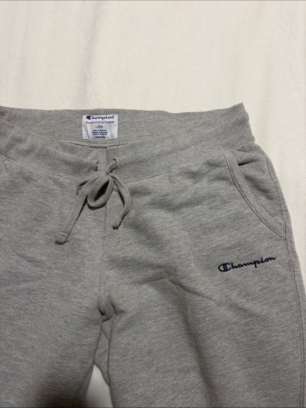 Champion Light Gray Fleece Joggers with Navy Logo